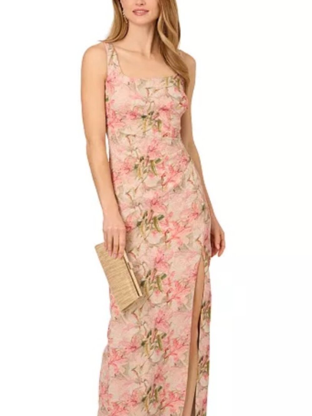 NWT Adrianna Papell Coral Floral Jacquard High-Slit Column Gown. Size 10P